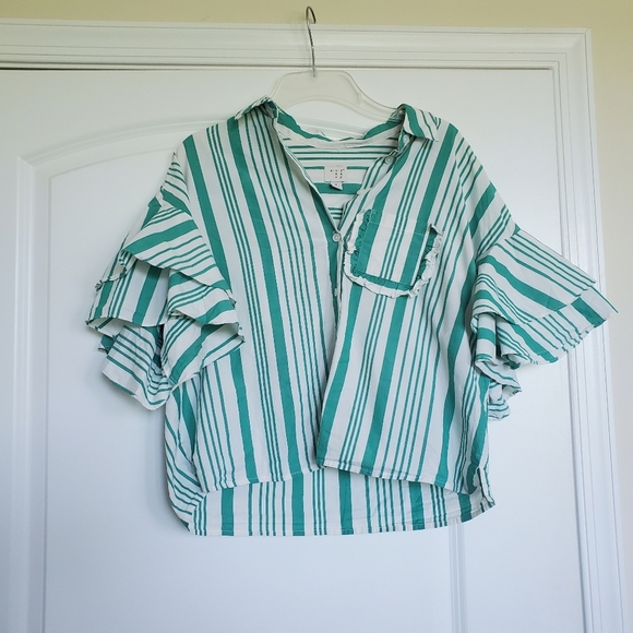 a new day Tops - A New Day Green Striped Cotton Blouse